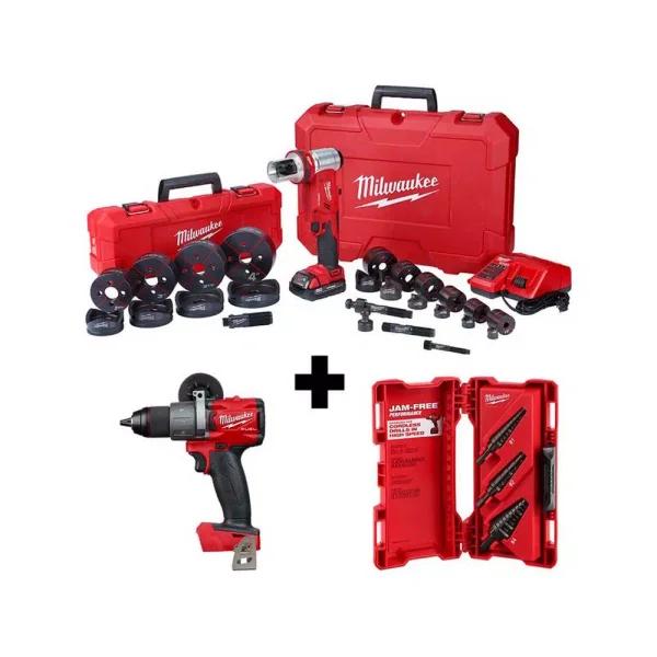Milwaukee M18 FORCE LOGIC 6 Ton Knockout Tool Kit with M18 FUEL Hammer Drill and Step Bits Set
