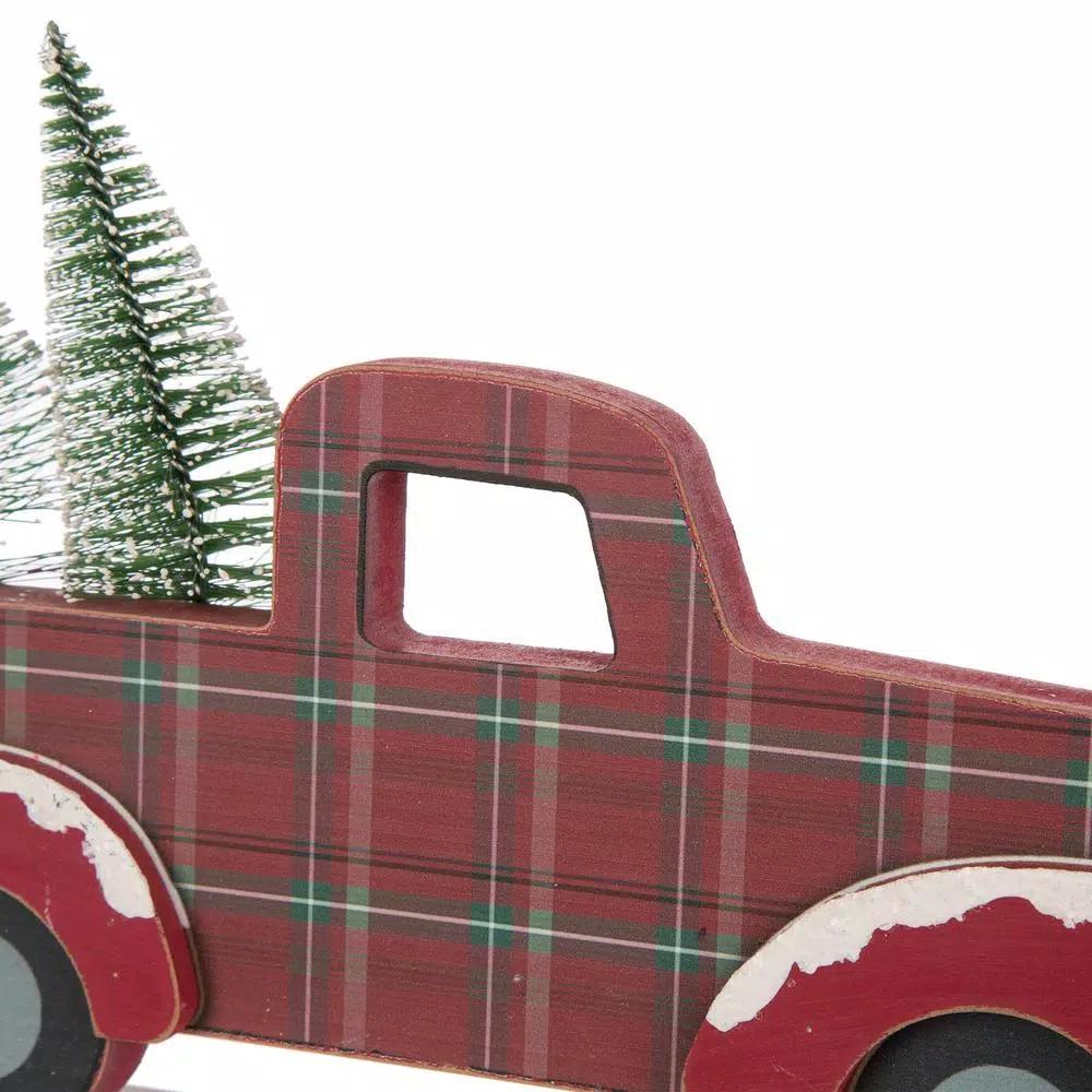 Glitzhome Merry Christmas Red Truck Wooden Table Decor with Christmas Trees