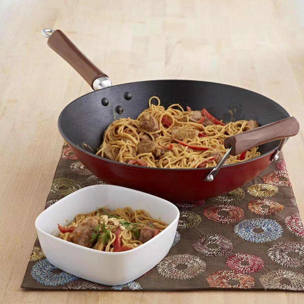 IMUSA 14 in. Light Cast Iron Pre-Seasoned Wok with Wood Handle