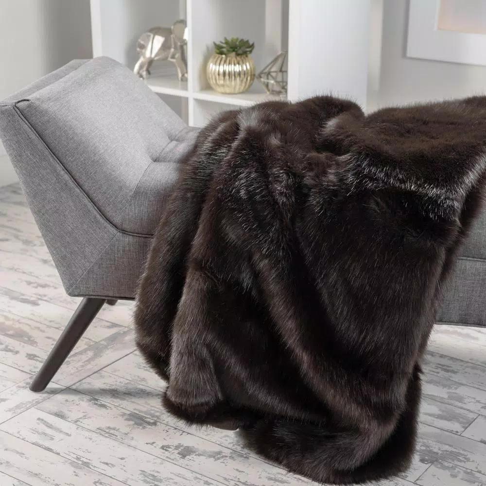 Noble House Toscana Shadow Faux Fur Throw Blanket, Gray Modern Solid Pattern