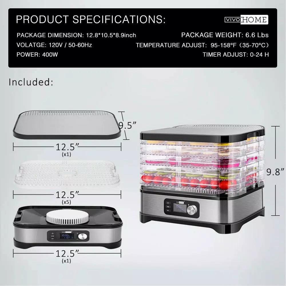 VIVOHOME 5-Tray Stainless Steel Food Dehydrator with Digital Timer and Temperature Control