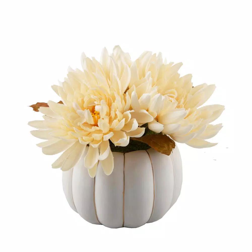 Flora Bunda 5.75 in. Cream White Faux Chrysanthemum Arrangement in Ceramic Pumpkin Pot with Gold Trim