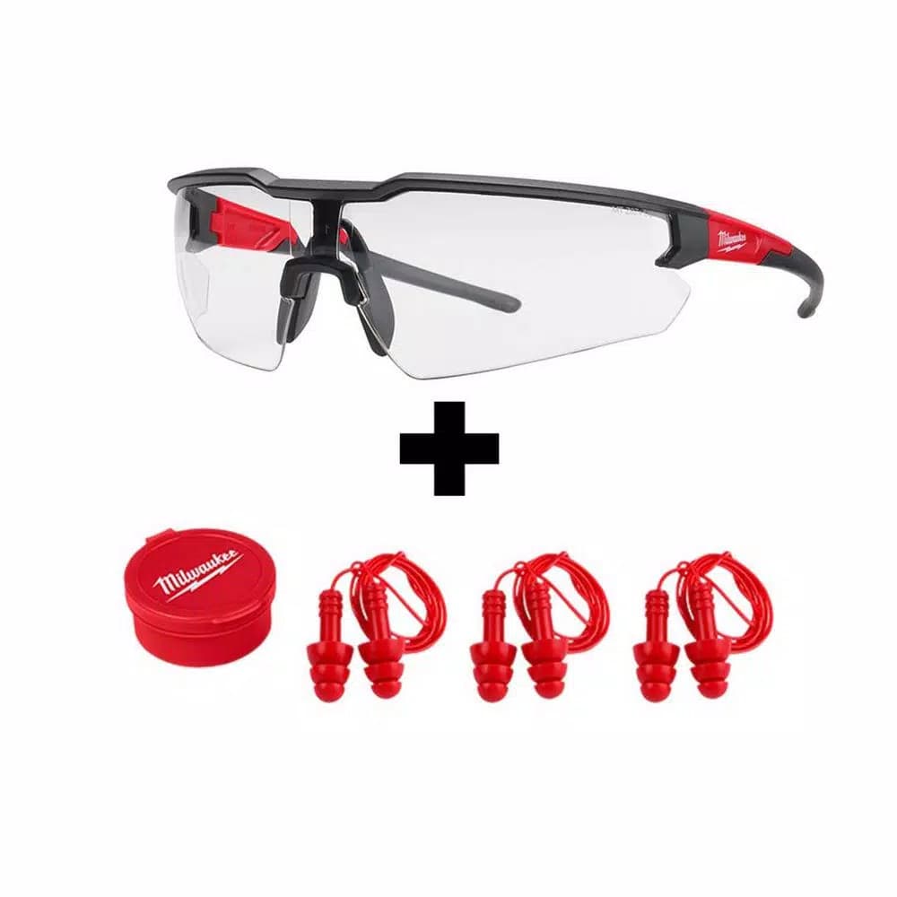 Milwaukee Safety Glasses with Clear Lenses and Corded Red Reusable Earplugs, 4-Piece Set