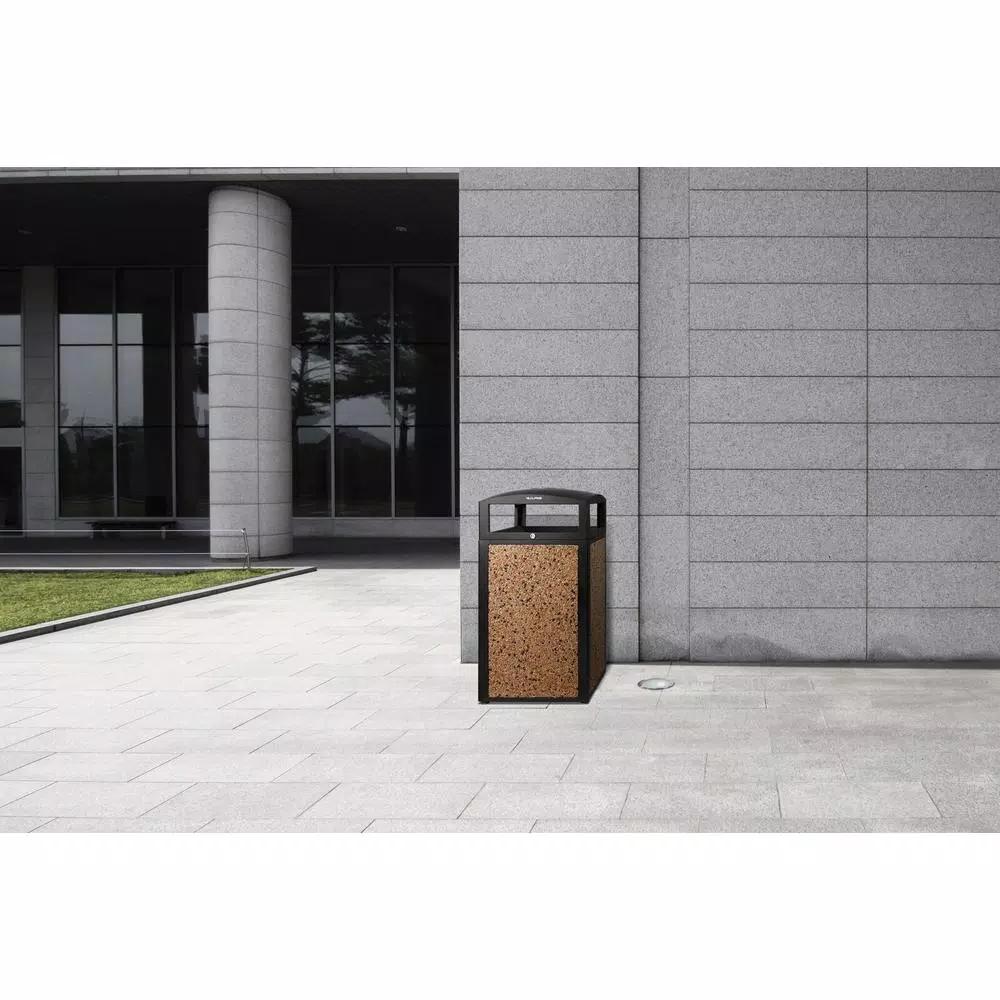 Alpine Industries 40 Gal. Steel Stone Panel Outdoor Commercial Trash Can with Lockable Lid