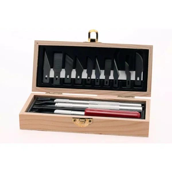 Aven Deluxe Precision Hobby Knife Set with 13 Assorted Steel Blades and Wooden Storage Box