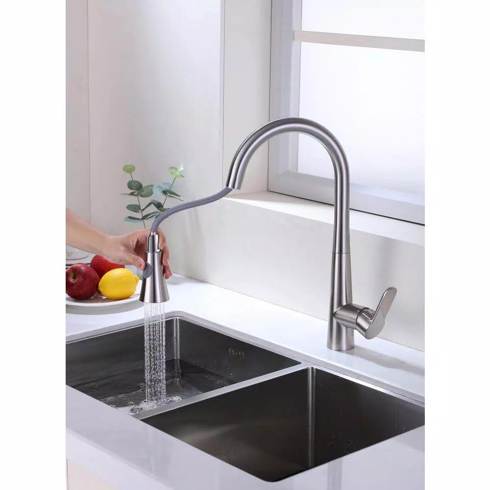Vanity Art Brushed Nickel Single-Handle Pull-Down Kitchen Faucet with Sprayer Wand