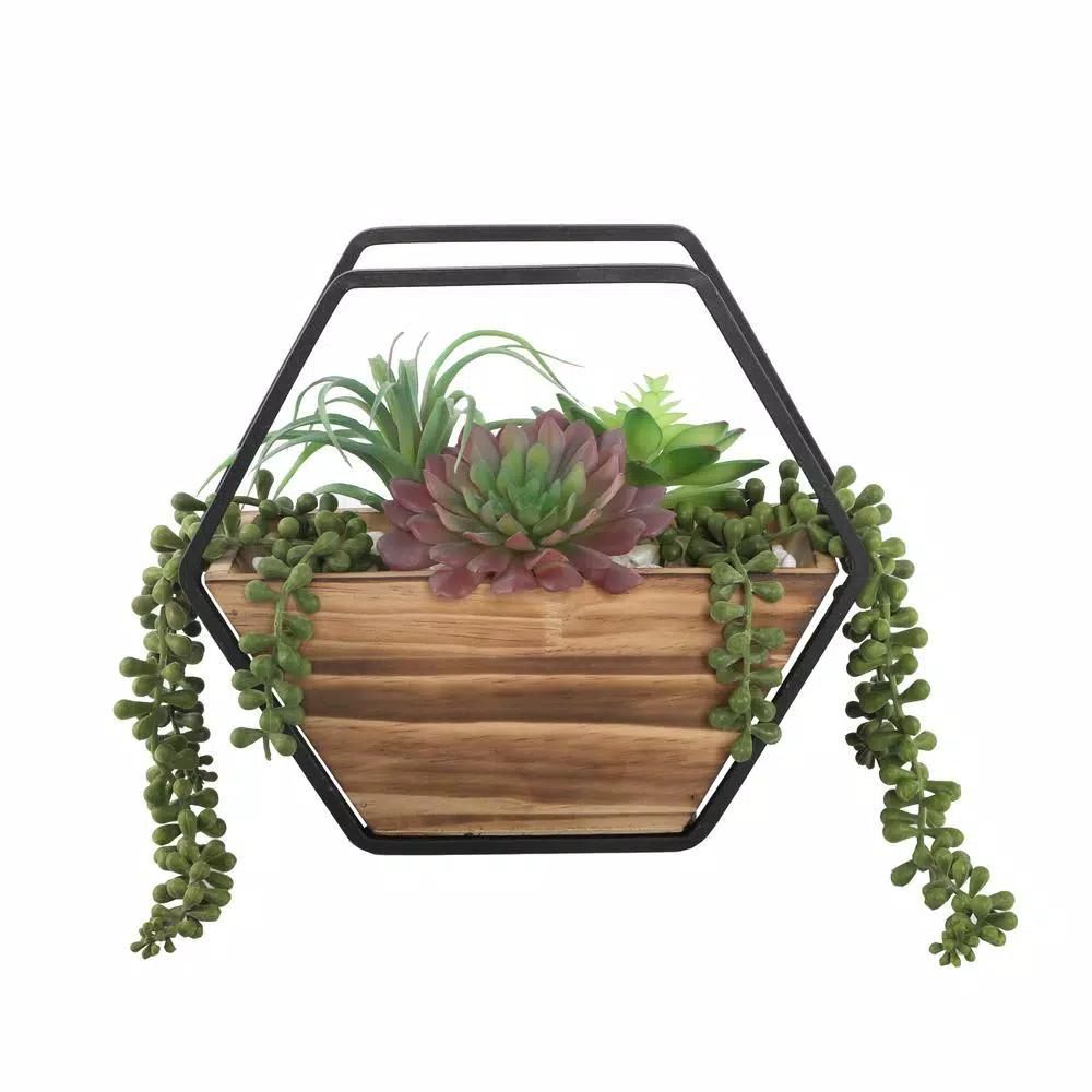 Flora Bunda 11 in. Hexagon Wood and Metal Faux Succulent Wall Planter Hanging Garden