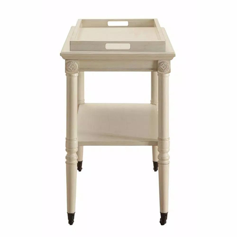 Benjara Antique White Wooden Serving Tray Table with 2-Tier Storage and Casters