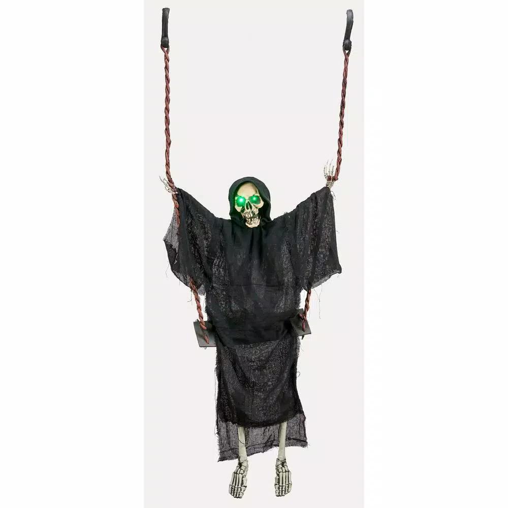 Unbranded 70 in. Animated Hanging Dressed Skeleton on Swing with Flashing Green Eyes and Spooky Sounds