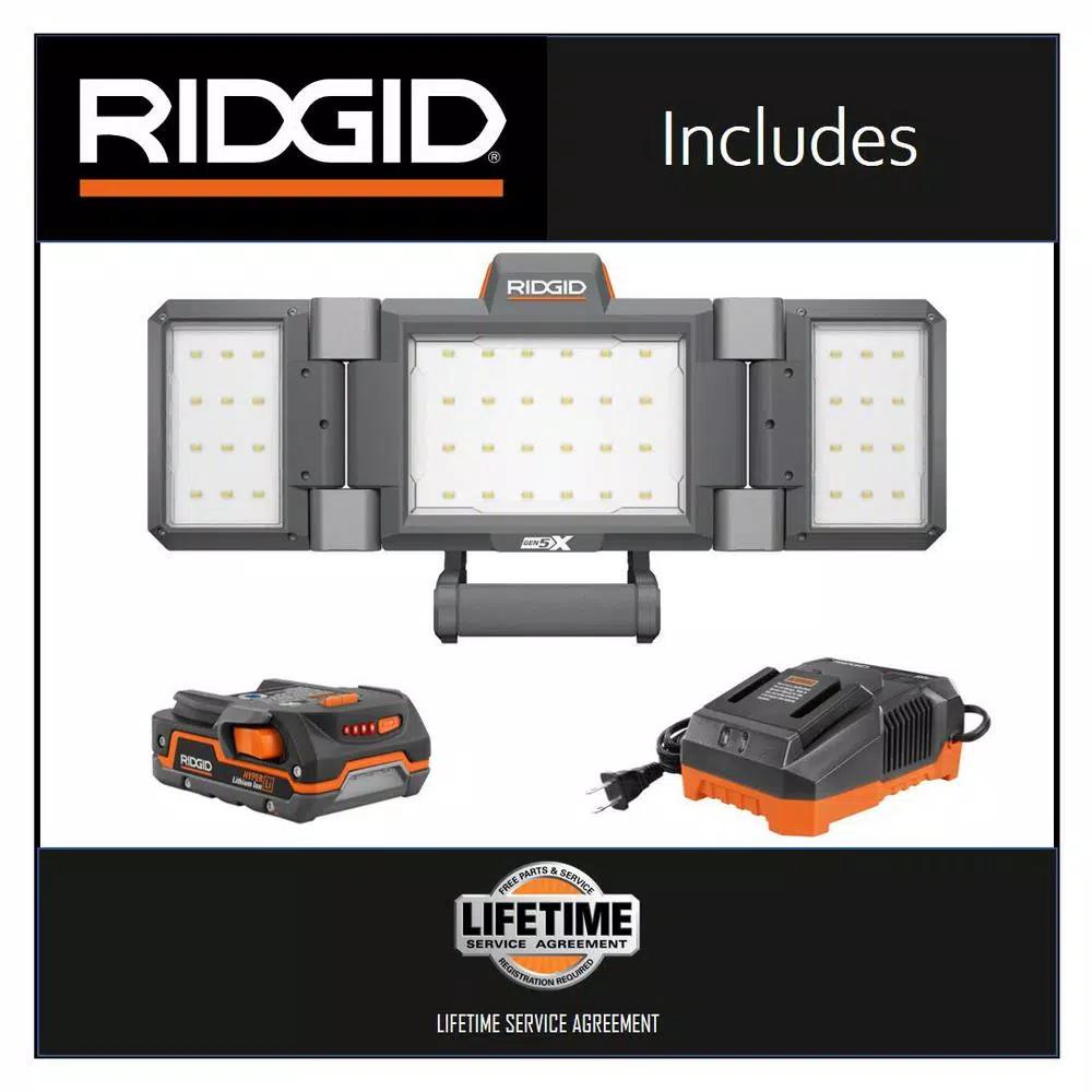 RIDGID 18V Cordless Hybrid Folding Panel Light Kit with 1.5 Ah Battery and Charger, 2500 Lumens