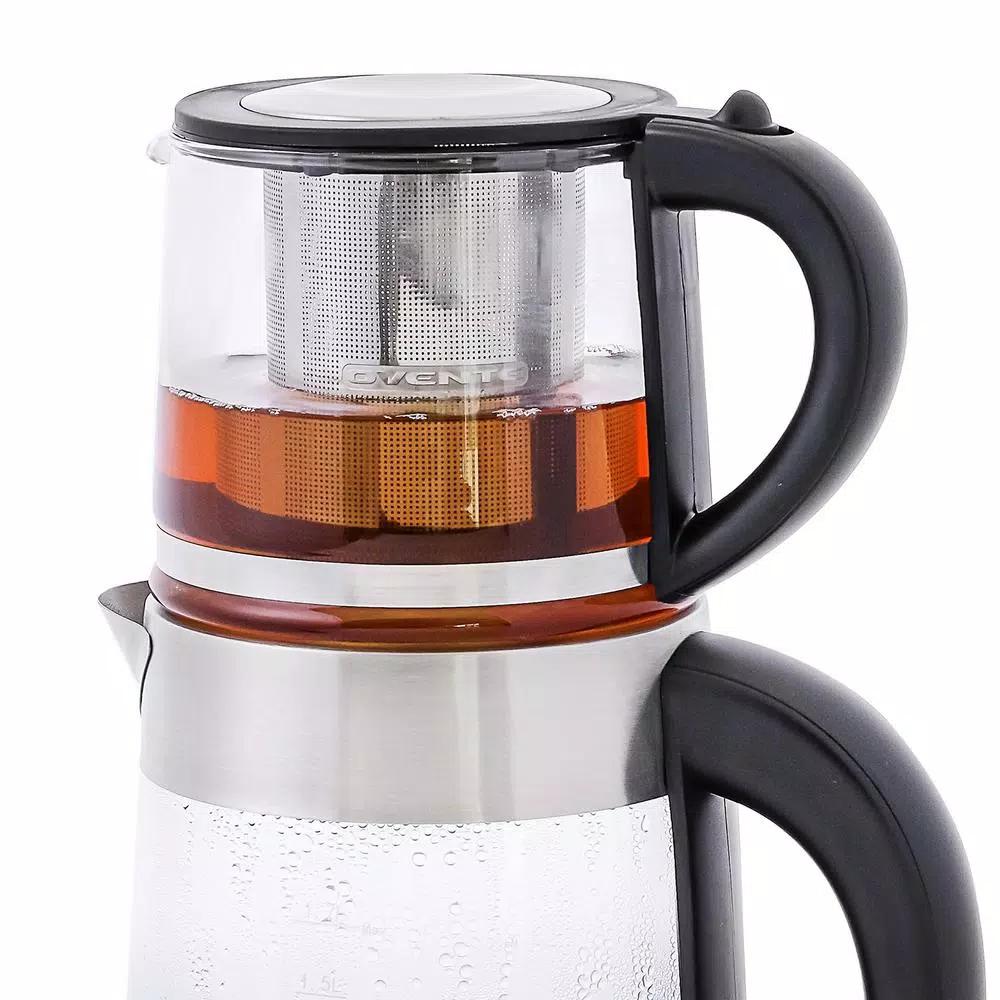Ovente 1.7L Stainless Steel Glass Electric Kettle with ProntoFill Technology and 27-Oz Teapot Bundle