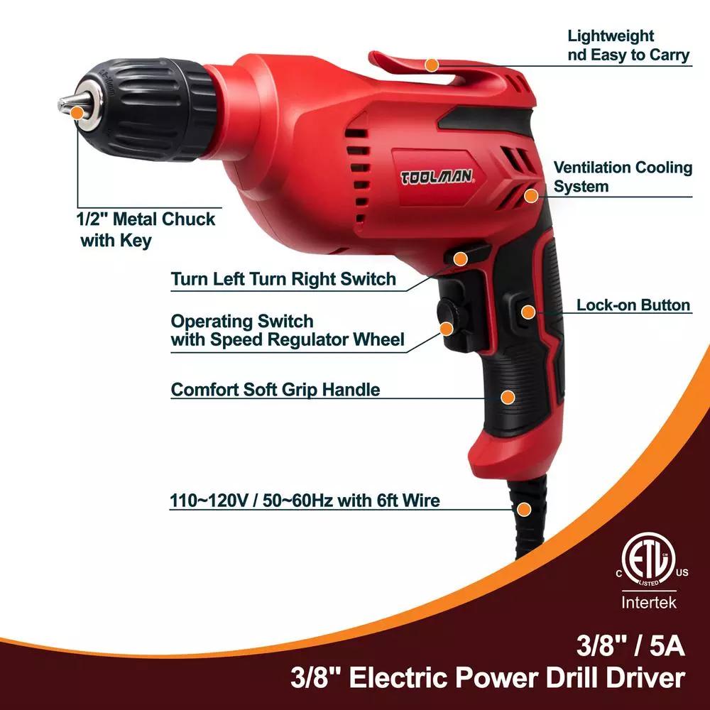 Boyel Living 5 Amp Corded 3/8 in. Power Drill Driver, Reversible with Lock-On Button, Red