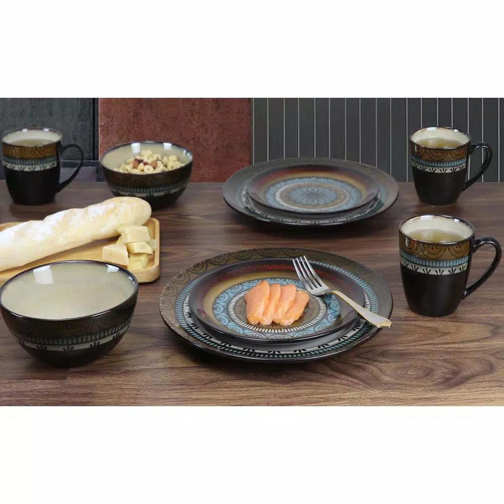 Lorren Home Trends 16-Piece Stoneware Dinnerware Set, Service for 4, Assorted Earth Tone Mosaic Design