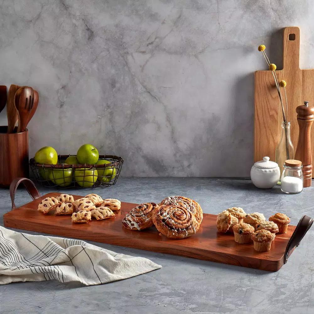 Mason Craft & More 33 in. Acacia Wood Serving Tray with Faux Leather Handles
