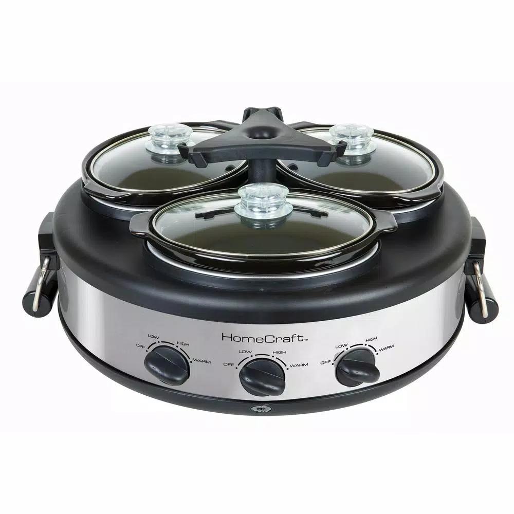 HomeCraft Triple 1.5 qt. Stainless Steel Slow Cooker Buffet Server with 3 Ceramic Pots