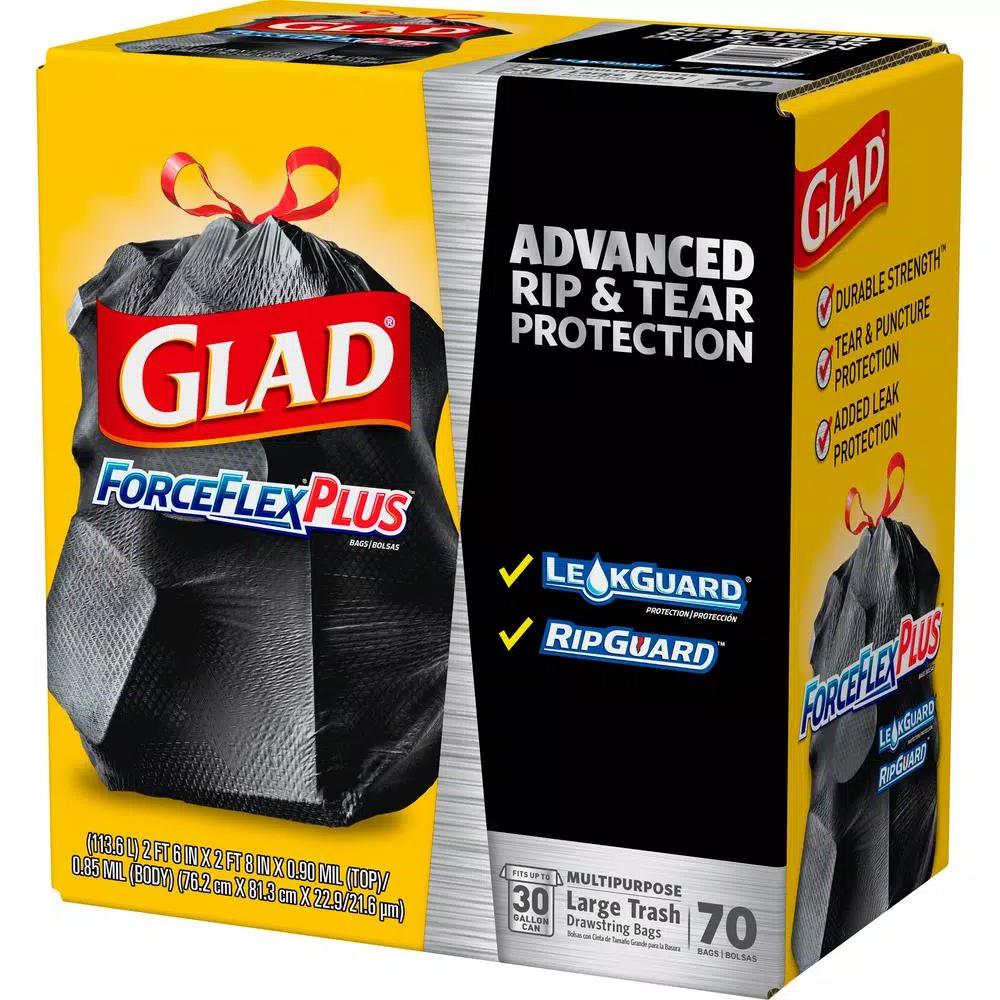 Glad ForceFlexPlus 30 Gallon Large Black Drawstring Trash Bags, 70-Count (3-Pack)