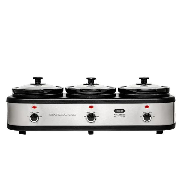 OVENTE 3-Station Slow Cooker and Buffet Server, 4.5 Qt. Silver Stainless Steel