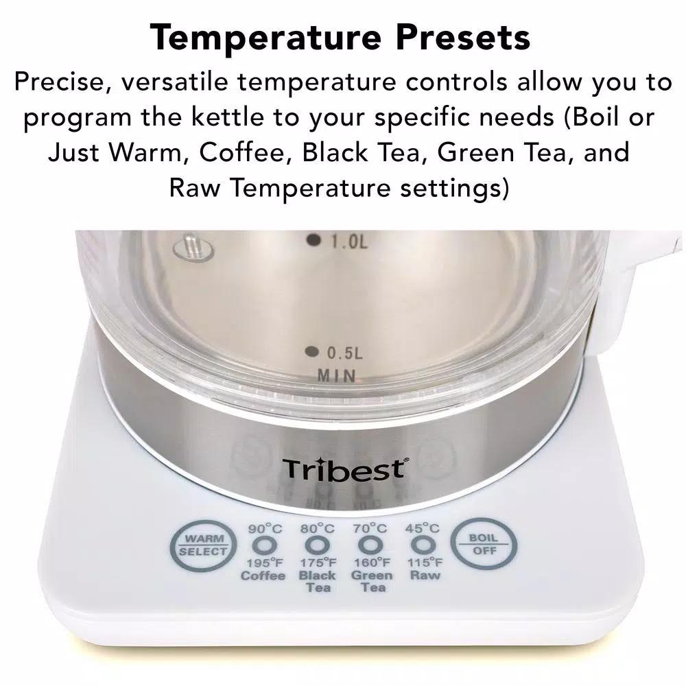 Tribest Glass Raw Tea Kettle, 1.7L Electric Kettle with Precision Temperature Presets, White