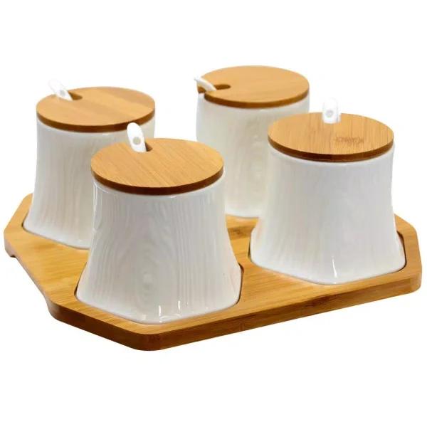 Elama Ceramic Condiment Jar Set with Bamboo Lids, Serving Spoons, and Tray - 13 Piece White Set