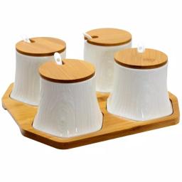Elama Ceramic Condiment Jar Set with Bamboo Lids, Serving Spoons, and Tray - 13 Piece White Set thumbnail 1