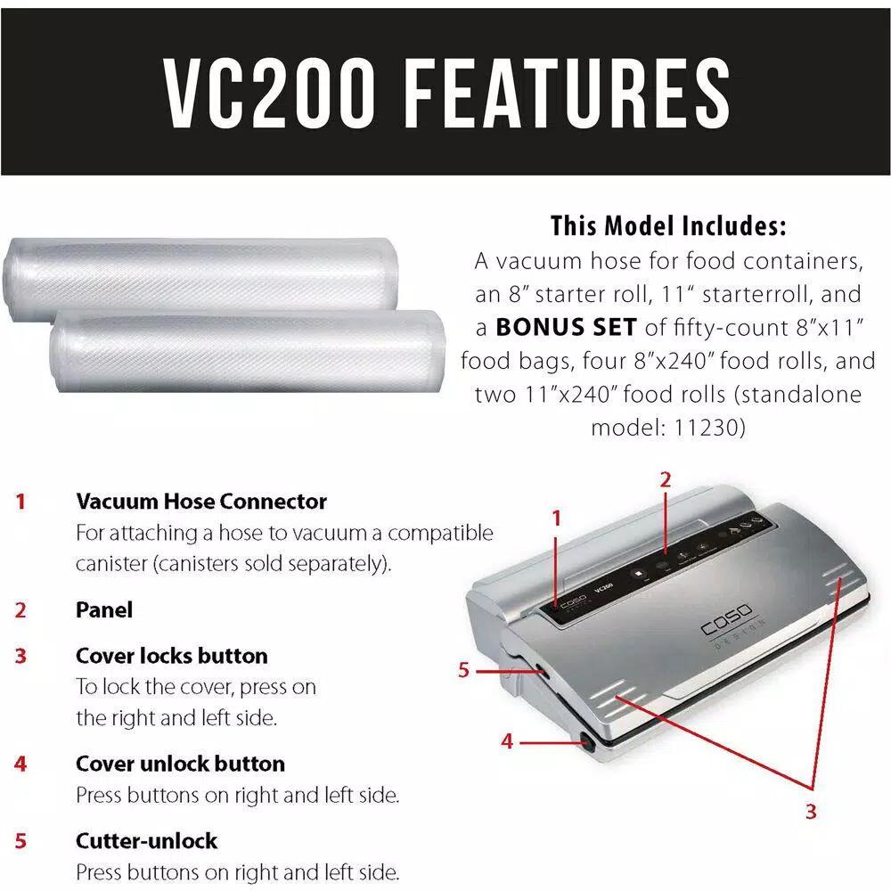 Caso VC 200 Food Vacuum Sealer with Integrated Cutter, Roll Box, and Bonus Bag & Roll Set