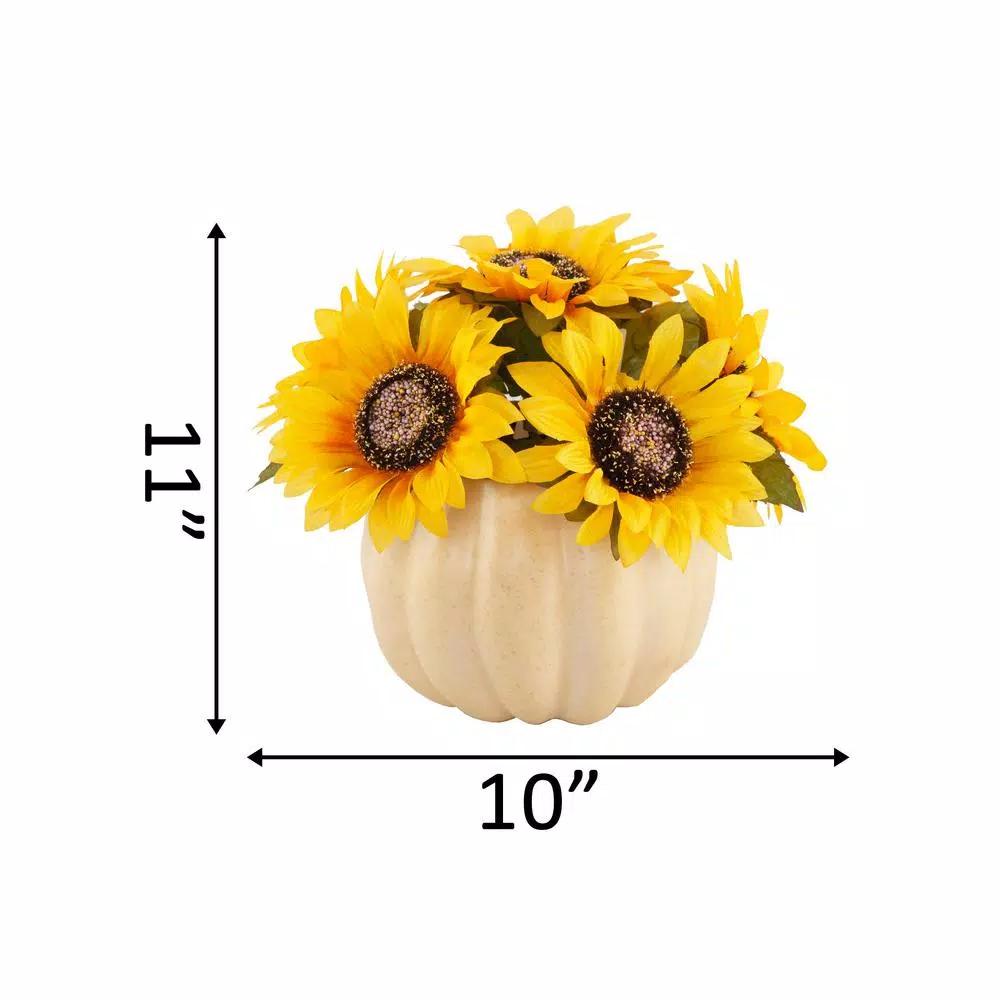 Flora Bunda 10 in. Artificial Yellow Sunflowers in 7 in. Plastic Foam Pumpkin Arrangement