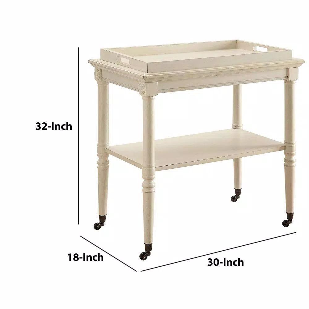 Benjara Antique White Wooden Serving Tray Table with 2-Tier Storage and Casters