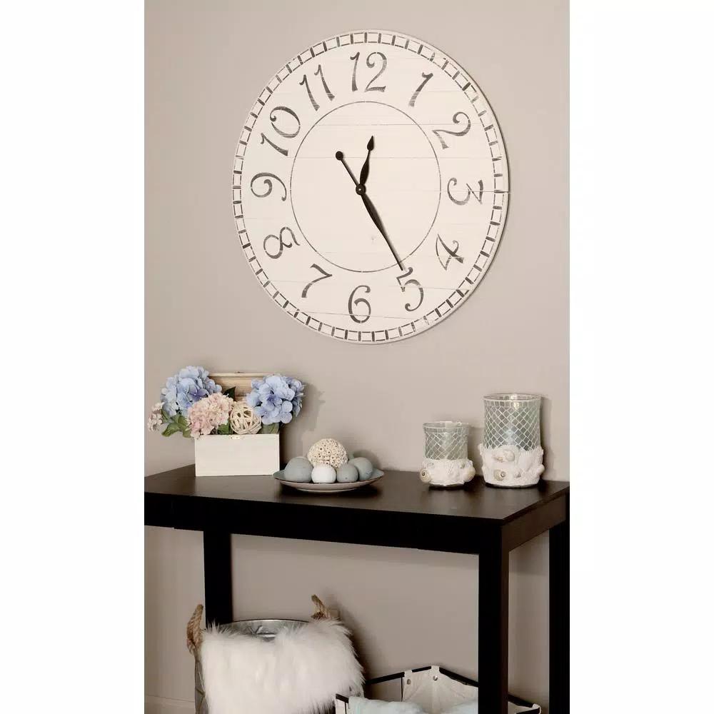 BrandtWorks 36 in. Oversized Antique White Farmhouse Wall Clock with Wood Slat Construction