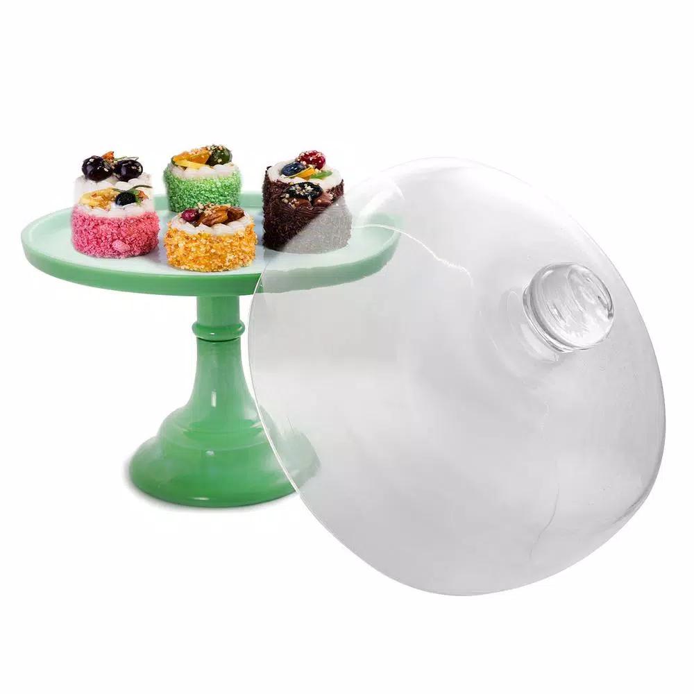 Gibson Cake Stand with Glass Lid, Light Green Round Dessert Platter