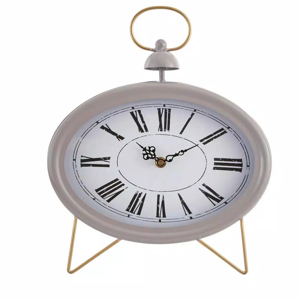 Winsome House Gray Oval Decorative Table Clock - Shabby Chic Analog Desk Clock with Roman Numerals