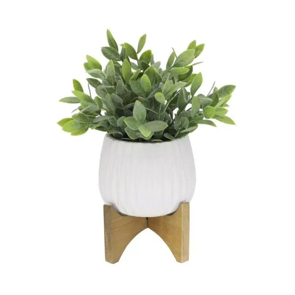 Flora Bunda 10.75 in. Faux Tea Leaf Plant in White Ridge Pattern Ceramic Planter with Wood Stand