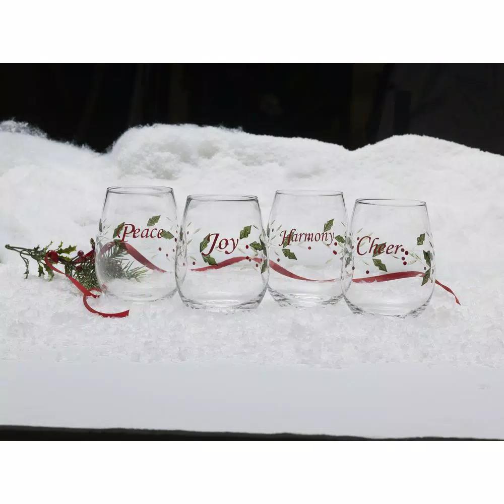 Pfaltzgraff Winterberry 20 oz. Stemless Wine Glasses, Set of 4 with Holiday Sentiments