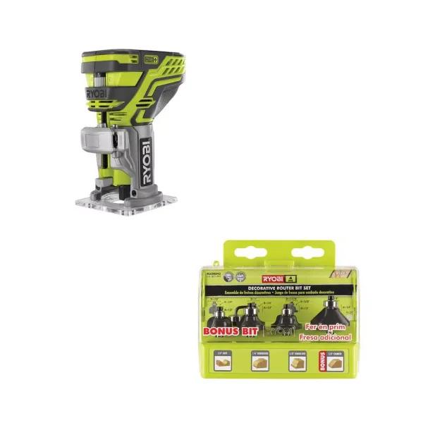 RYOBI 18V ONE+ Cordless Fixed Base Trim Router with 4-Piece Decorative Carbide Bit Set