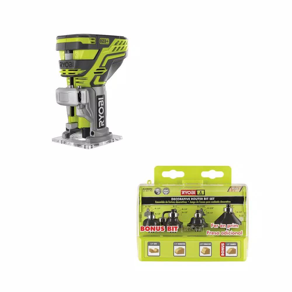 RYOBI 18V ONE+ Cordless Fixed Base Trim Router with 4-Piece Decorative Carbide Bit Set