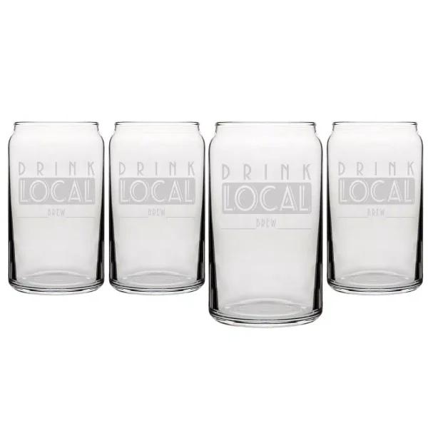 Cathy's Concepts Drink Local 16 oz. Craft Beer Can Glasses - Set of 4 Hand-Blown Glassware