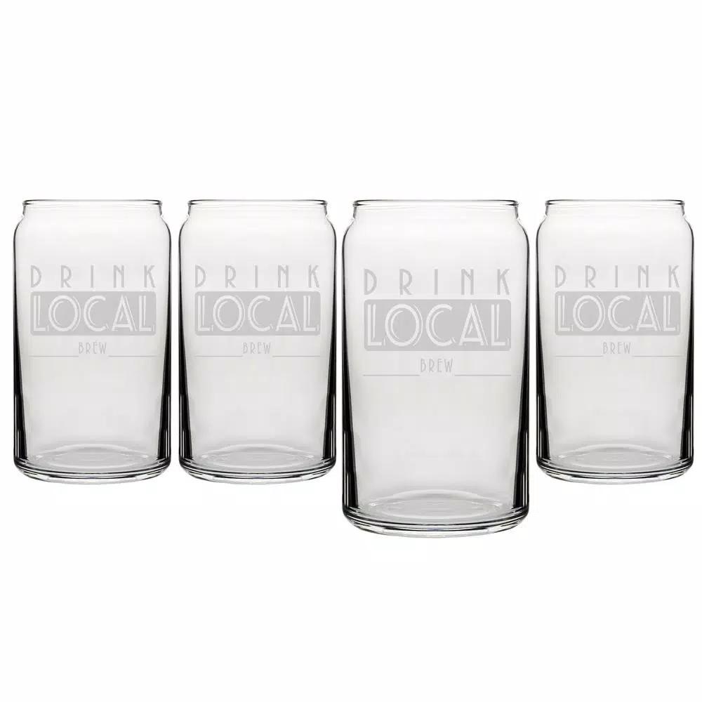 Cathy's Concepts Drink Local 16 oz. Craft Beer Can Glasses - Set of 4 Hand-Blown Glassware