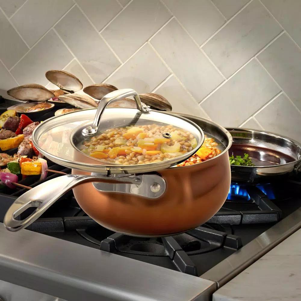Oster Carabello 2.6 Qt. Stainless Steel Nonstick Saucepan with Glass Lid, Copper