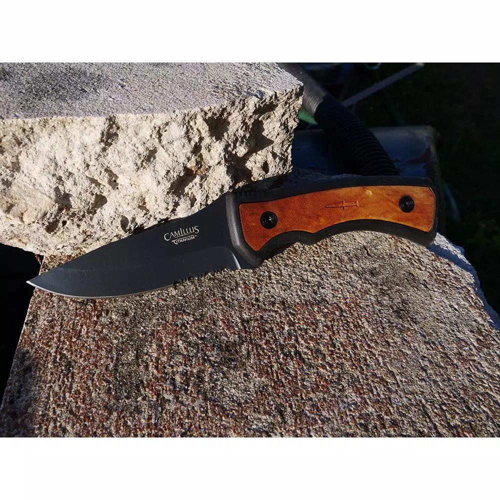 Camillus Mountaineer 4 in. Carbonitride Titanium Drop Point Fixed Blade Knife with Burlwood Accent Handle