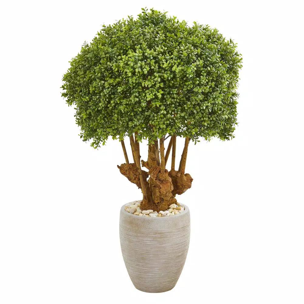 Nearly Natural 41 in. Artificial Boxwood Topiary Tree in Sandstone Planter with Natural Stones