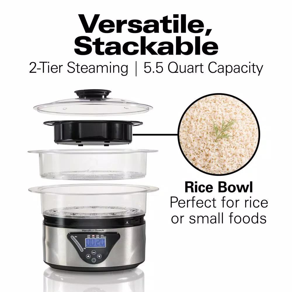 Hamilton Beach 22-Cup Digital Food Steamer and Rice Cooker, 5.5 Qt, Black