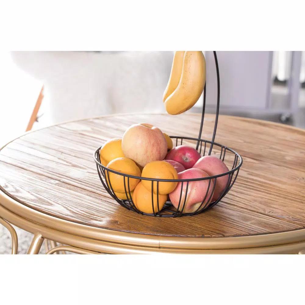 Basicwise Wire Metal Fruit Basket Holder with Integrated Banana Hanger - Black