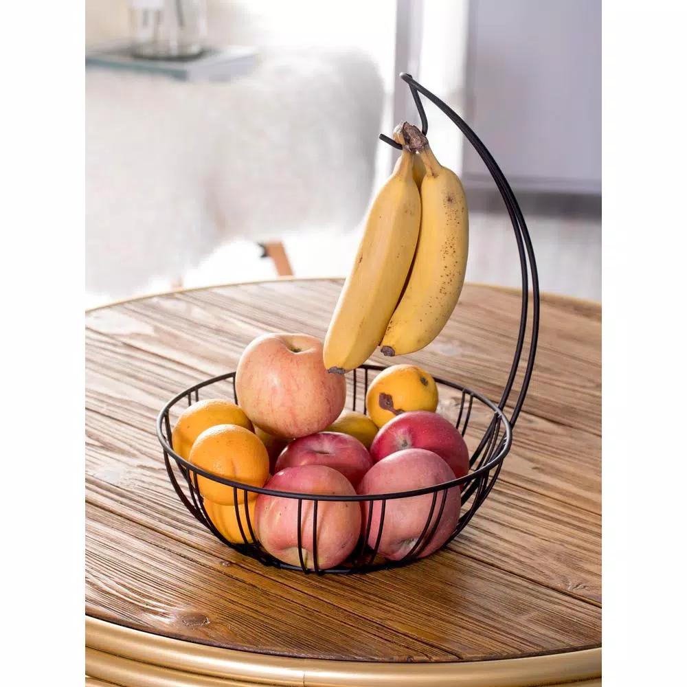 Basicwise Wire Metal Fruit Basket Holder with Integrated Banana Hanger - Black