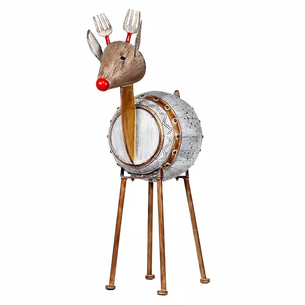 Alpine Corporation 33 in. Metal Barrel Reindeer Sculpture with Warm White LED Lights