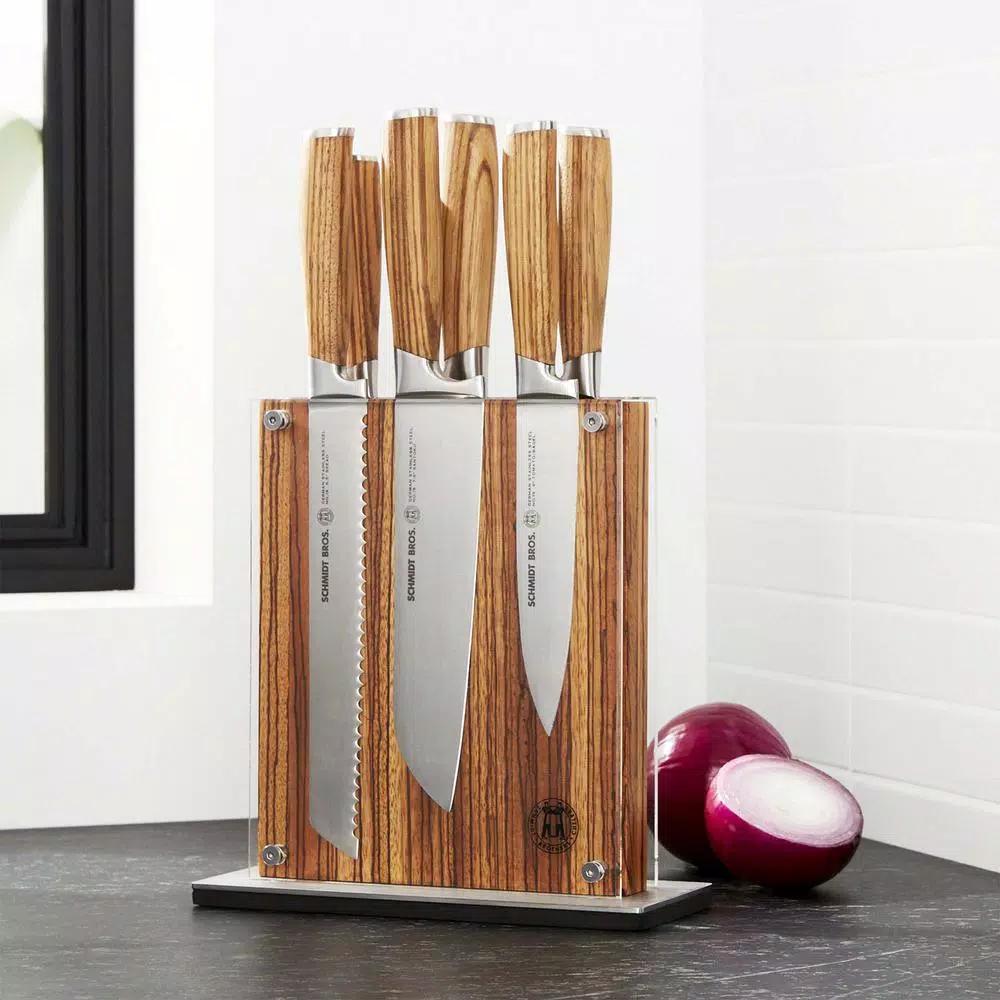 SCHMIDT BROS. 7-Piece Zebra Wood and German Stainless Steel Knife Set with Magnetic Midtown Block