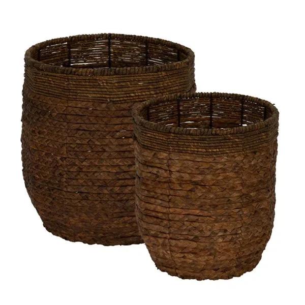 Household Essentials Wicker Water Hyacinth Rimmed Basket Set of 2, Rustic Decorative Storage Baskets and Planters