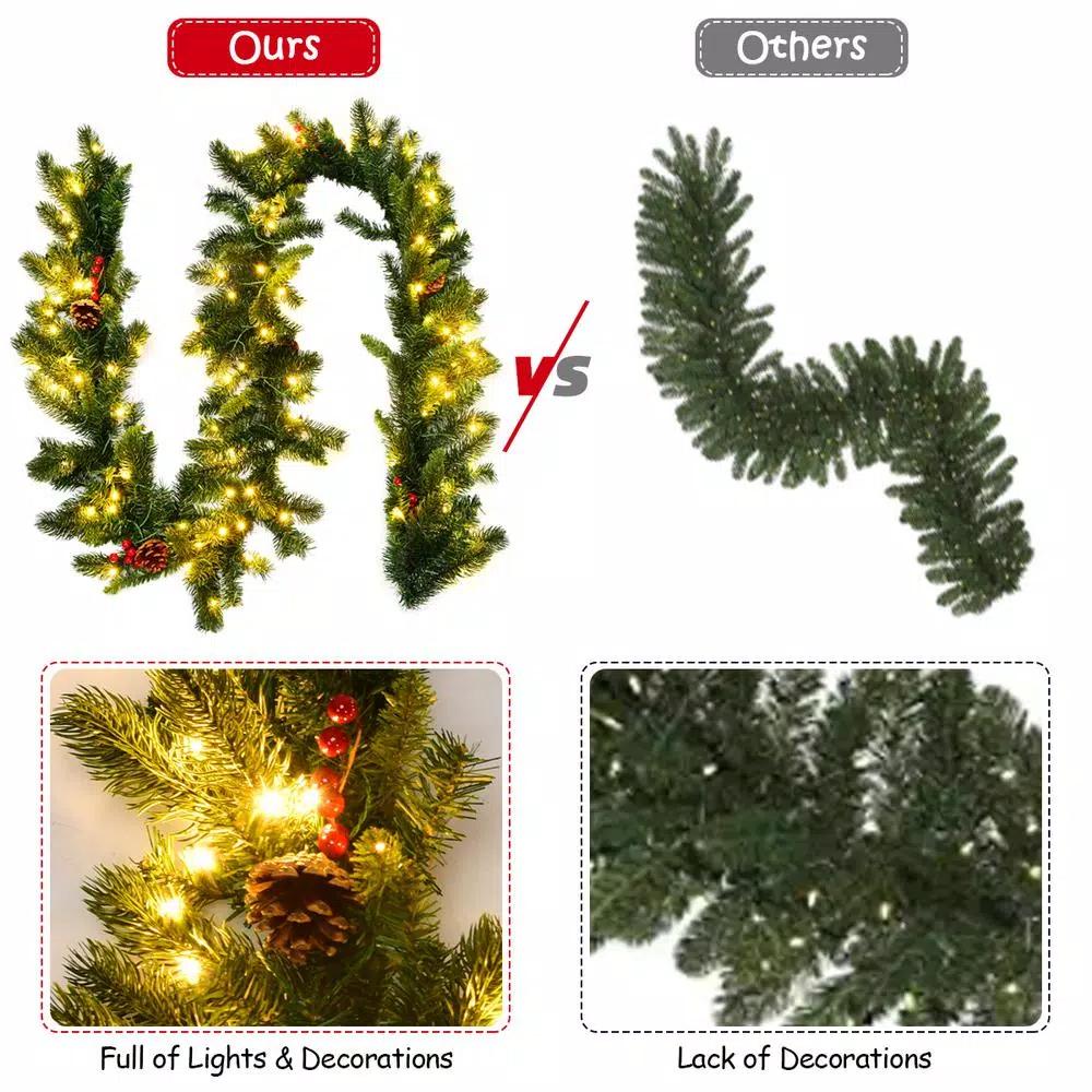 Costway 9 ft. Pre-Lit LED Artificial Fall & Christmas Garland with 100 Warm White Lights and Timer