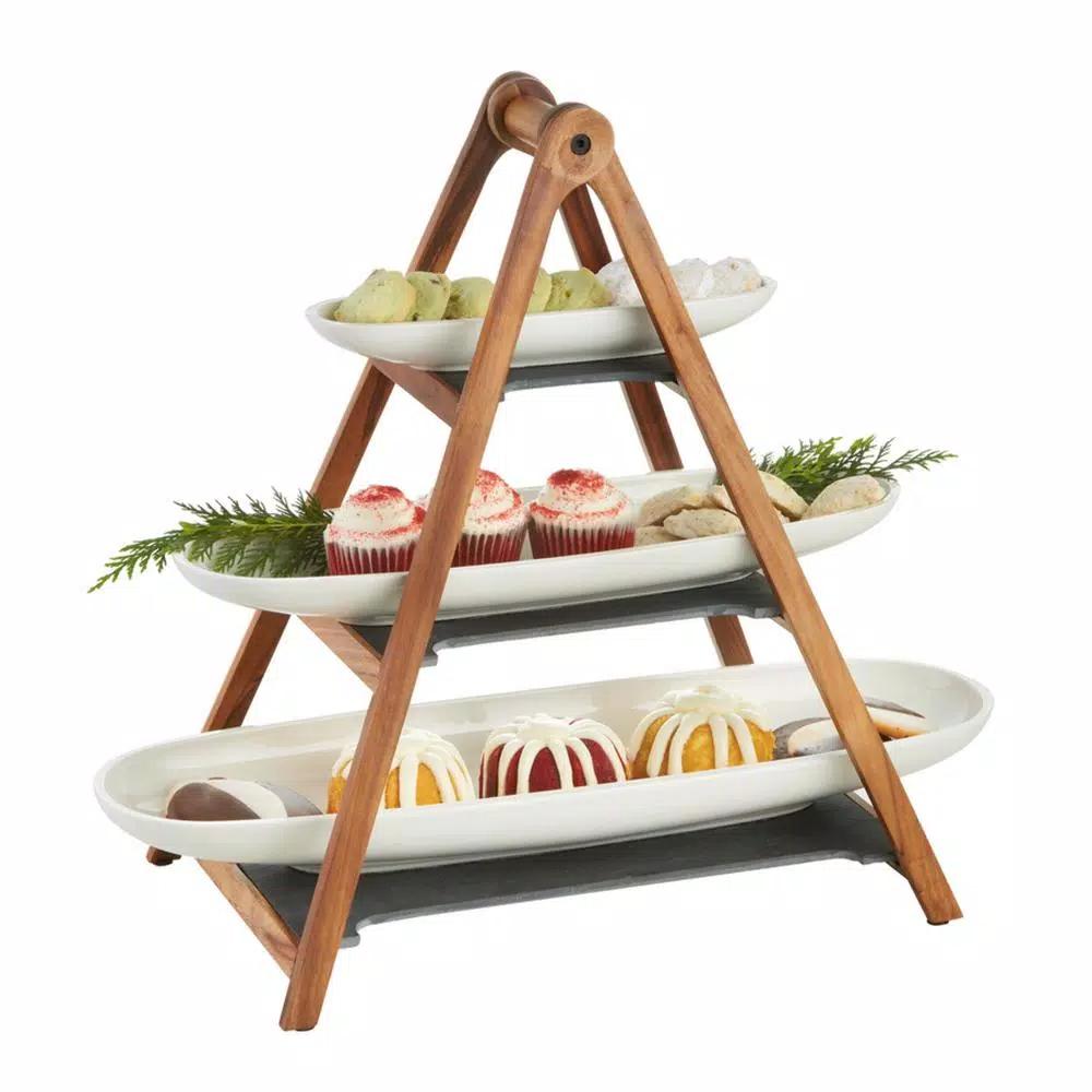 Villeroy & Boch Artesano 4-Piece Tiered Server Set with Porcelain Bowls, Acacia Wood & Slate
