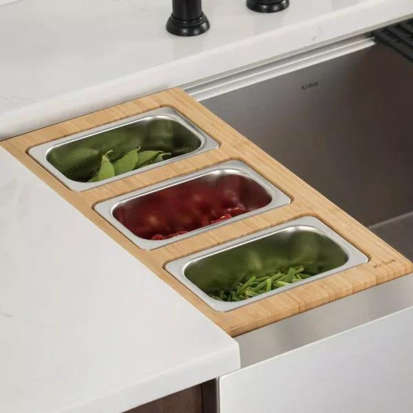 KRAUS Workstation Kitchen Sink Accessory Set: Bamboo Serving Board & 3 Stainless Steel Prep Bowls