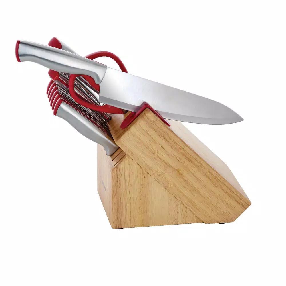 Farberware 15-Piece Edge Keeper Knife Set with Built-in Sharpener and Natural Wood Block
