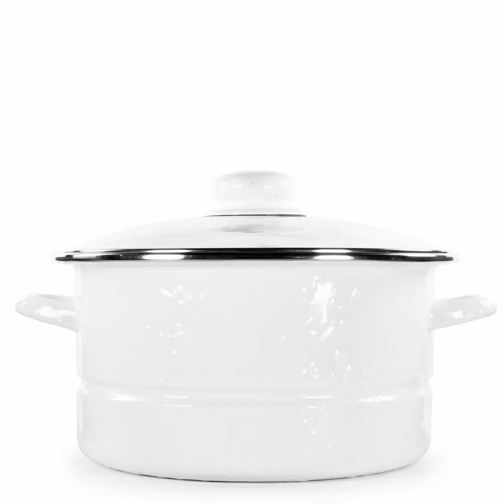 Golden Rabbit 6 qt. Porcelain-Coated Steel Stock Pot with Glass Lid, Solid White